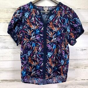 Chicos Womens Navy Blue Multicolor Tropical Crochet Accent Tulip Slv Shirt‎ 0/S